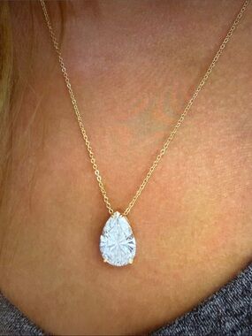 Gold Teardrop Pendant Necklace - White Stone